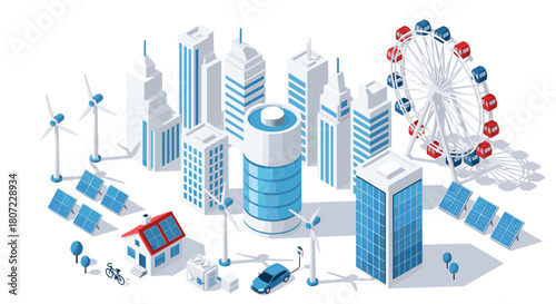 Modern city powered by renewable energy shows sustainable urban living and future eco friendly cityscape design