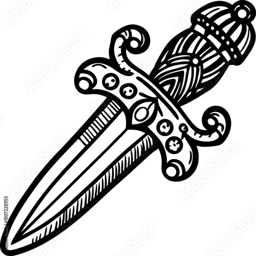Ornate medieval dagger illustration decorative vintage weapon with detailed hilt, blade, and artistic engraving