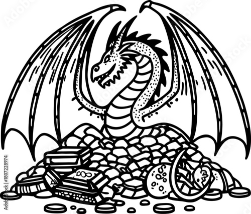 Fierce dragon guarding treasure hoard with coins, books, and magical artifacts, fantasy mythical creature illustration