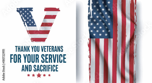 Patriotic Veterans Day graphic design with American flag and text: Thank You Veterans For Your Service.