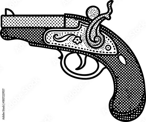 Vintage flintlock pistol illustration old fashioned firearm, antique handgun, retro weapon, classic dotted engraving art