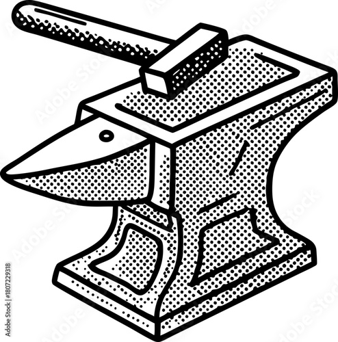 Classic iron anvil with hammer on top black and white dotted engraving style, traditional metalworking tool illustration