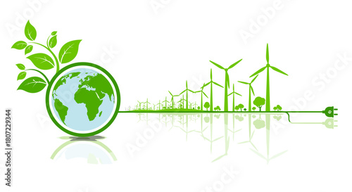 Promote sustainable energy with green earth connected to vibrant wind turbines for a brighter future