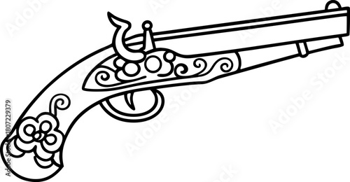 Antique flintlock pistol illustration vintage ornate handgun, historical weapon line art, old firearm motif
