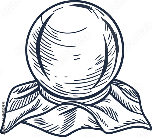 Mystic crystal ball on draped cloth hand drawn vintage fortune telling magic object, divination symbol illustration