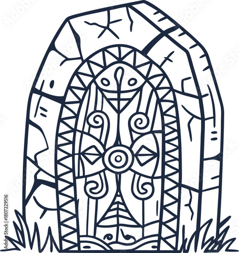 Ancient mystical stone portal with ornate carvings and grass fantasy magic gate, engraved runes, mysterious door