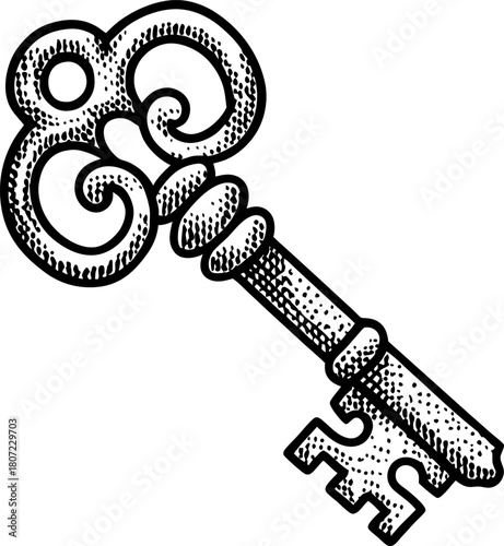 Vintage ornate skeleton key illustration antique metal unlock tool, retro security symbol, old fashioned design detail