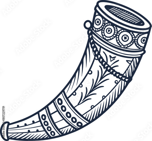 Ornate viking drinking horn illustration, historical decorative vessel, norse culture heritage, medieval artifact