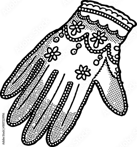 Vintage lace glove illustration with floral patterns elegant dotted victorian accessory outline drawing