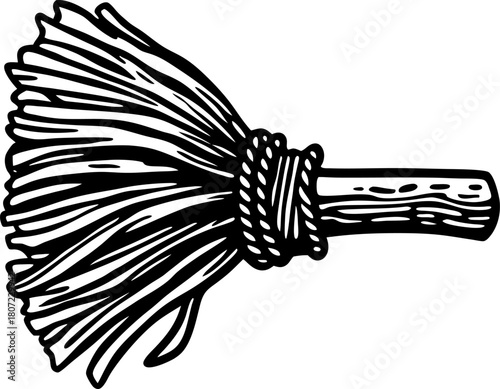 Traditional hand broom in simple sketch rustic cleaning tool with natural bristles, eco friendly household accessory