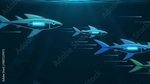 Fishes in a School, Underwater Scene, Digital Art.