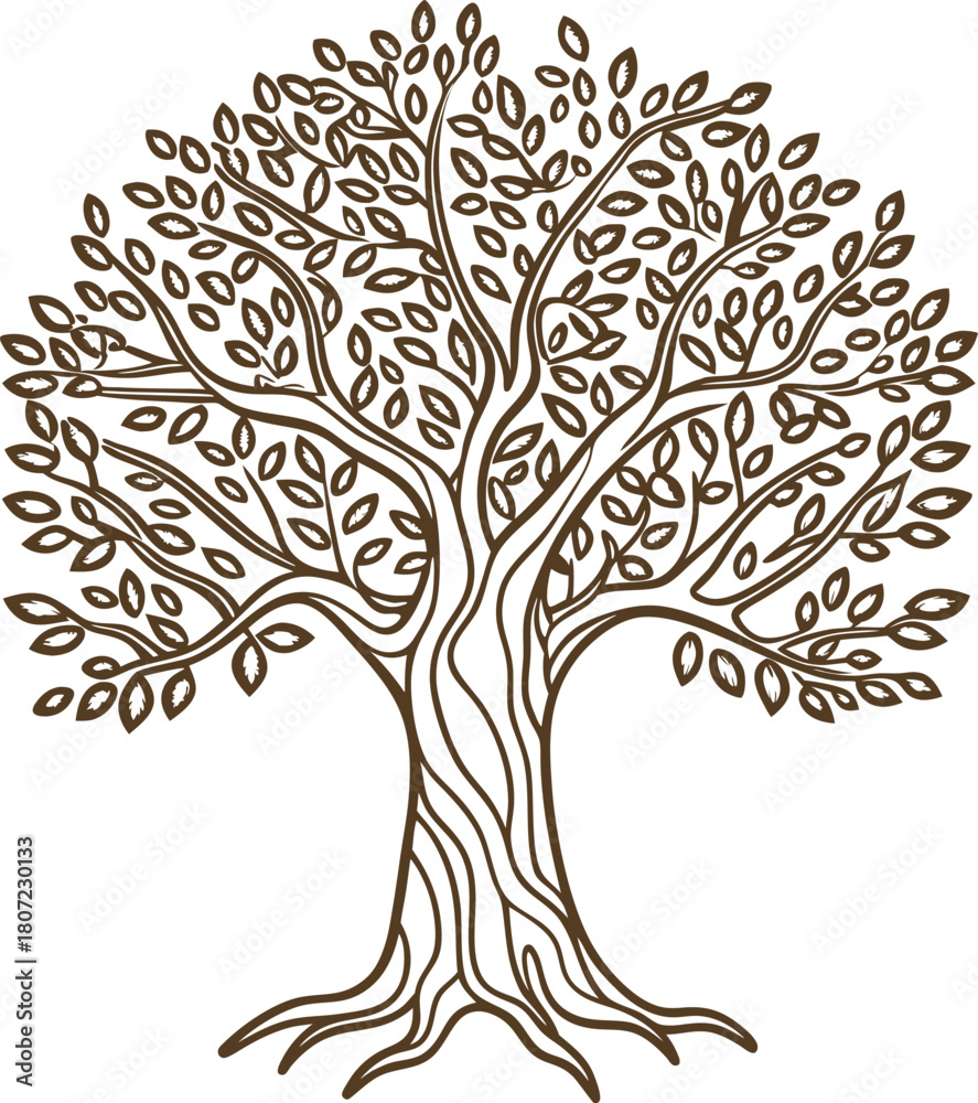 Obraz premium Ornate tree illustration with detailed branches and leaves decorative nature design, abstract lines, botanical element