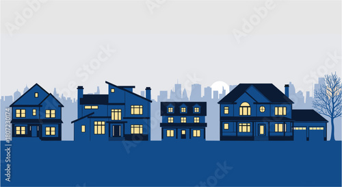 Elegant residential neighborhood skyline at dusk offers peaceful suburban living and city proximity