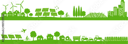 Dynamic green city life with wind turbines, solar panels, and agriculture for eco-friendly future