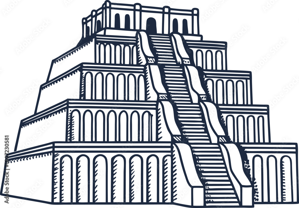 Obraz premium Ancient stepped pyramid ziggurat with grand staircases and columns, traditional mesopotamian temple architecture illustration