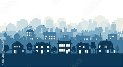 Dreamy blue cityscape silhouette with cozy houses and glowing windows perfect for a peaceful neighborhood