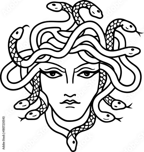 Mythical medusa head with snake hair, ancient greek legend, line art black and white illustration