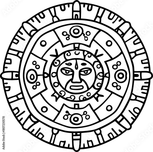 Aztec calendar illustration ancient circular sun stone with geometric patterns and tribal face, black and white line art