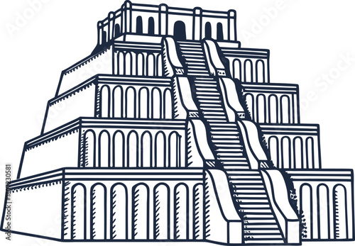 Ancient stepped pyramid ziggurat with grand staircases and columns, traditional mesopotamian temple architecture illustration