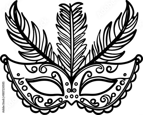 Decorative masquerade mask with ornate feathers and elegant swirl patterns carnival costume accessory illustration