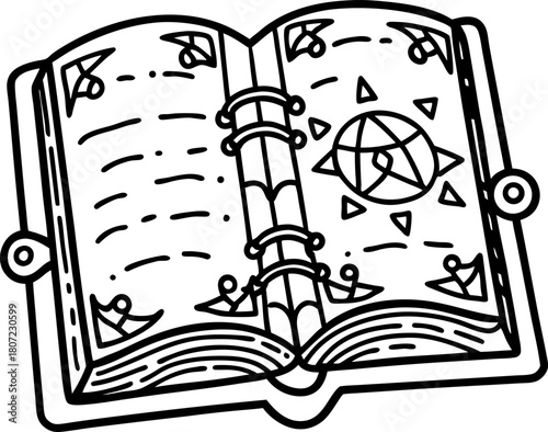 Open magical spellbook with arcane symbols and pentagram, fantasy illustration, mysterious ancient pages