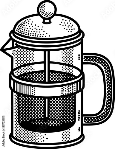 French press coffee maker illustration, vintage kitchen utensil, classic brewing equipment isolated