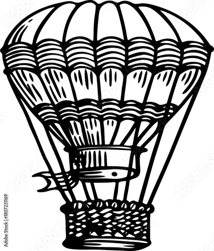 Vintage hot air balloon illustration with woven basket and striped envelope in black and white line art