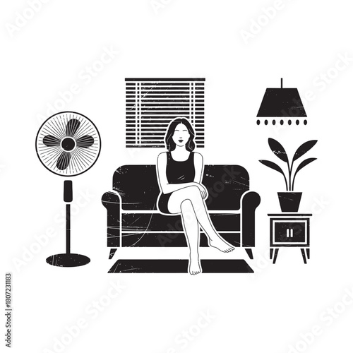 Woman relaxing on sofa in a room with a fan and lamp