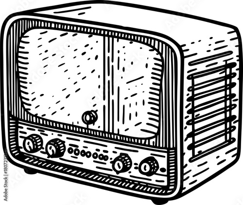 Vintage retro radio illustration hand drawn antique receiver, classic old fashioned electronics design, black and white sketch