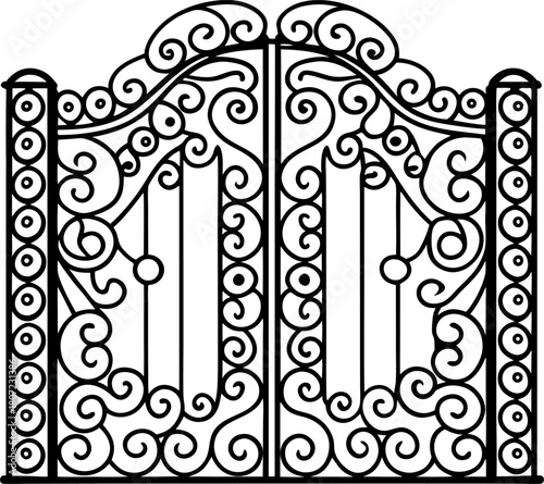 Elegant wrought iron garden gate design with ornate swirling ornamental patterns and vintage decorative