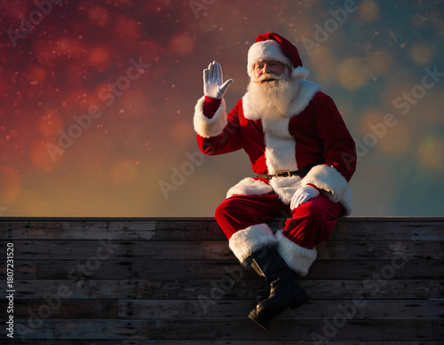 Święty mikołaj siedzi na drewnianym płocie i macha