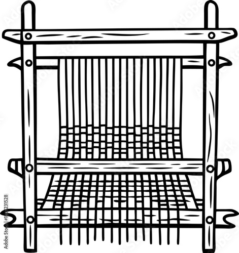 Traditional wooden loom hand drawing vintage textile weaving machine with vertical and horizontal threads
