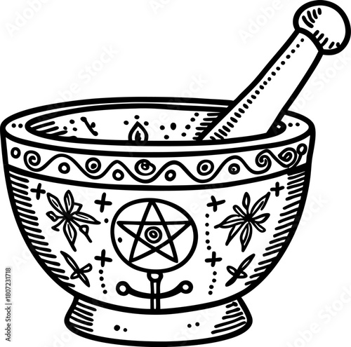 Decorative mortar and pestle with pentagram, floral motifs and mystical symbols alchemy, herbal, wicca, magic tool