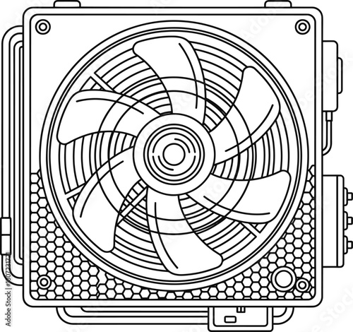 Detailed line drawing of a computer cpu cooler with fan and heatsink components in black and white