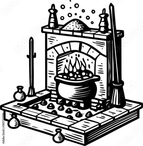 Old fashioned stone fireplace with bubbling cauldron, witch broom and potion bottles vintage magical alchemy scene