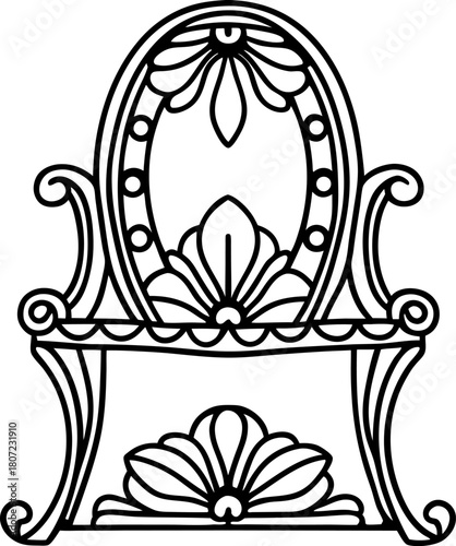 Elegant vintage vanity table with ornate floral patterns and oval mirror classic decorative furniture outline illustration