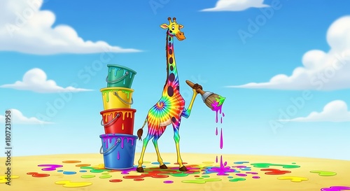 Tie dye giraffe painting scene with dripping paint and stacked buckets