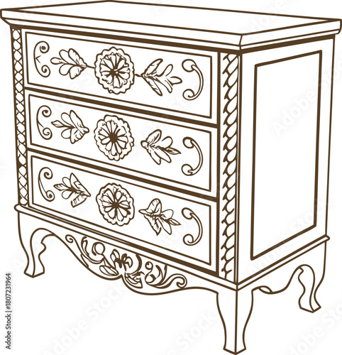 Vintage wooden chest of drawers with ornate floral carvings elegant classic furniture illustration, antique decor