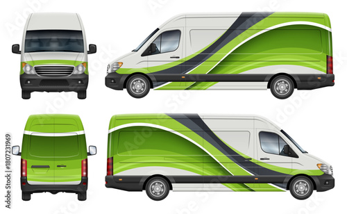 Delivery cargo van wrap vector mockup view from side, front, rear. Perfect for vehicle branding, corporate identity and design concepts. All elements in the groups are in separate layers.