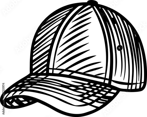Baseball cap sketch classic adjustable hat with curved brim outline illustration, monochrome headwear accessory