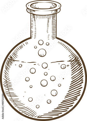 round bottom chemical flask with bubbling liquid vintage sketch of laboratory glassware for experiments and science