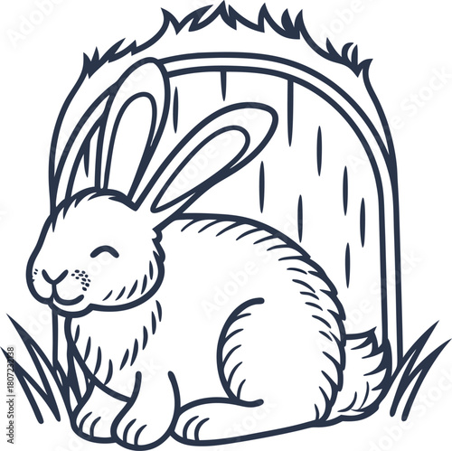 Happy rabbit sitting at the entrance of a burrow cute bunny illustration, animal shelter, peaceful resting moment
