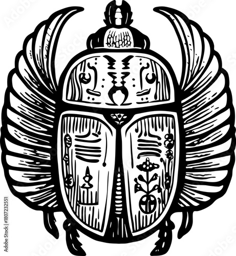 Sacred scarab beetle with ancient egyptian hieroglyphs and detailed wings mythology, symbol, black ink illustration