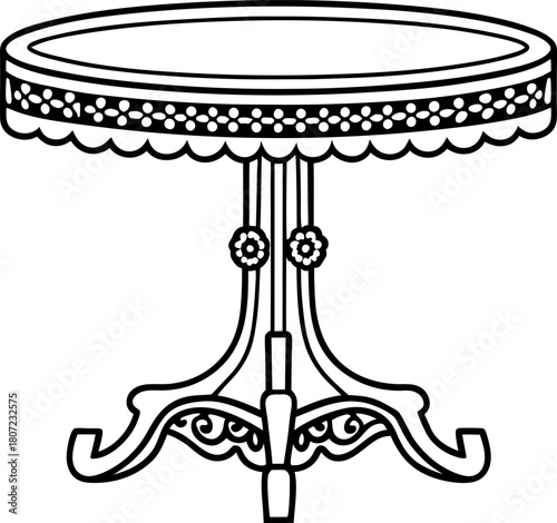 Elegant round decorative table with ornate floral trim and curved legs vintage furniture outline illustration