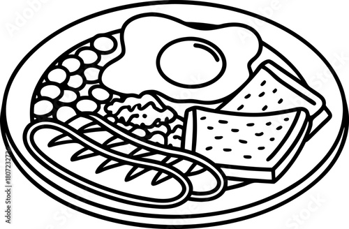 Traditional breakfast plate with fried egg, beans, sausage, toast, hash browns, and mushrooms illustration