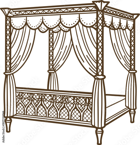 Elegant four poster canopy bed with curtains classic vintage furniture frame, ornate decorative carved wood