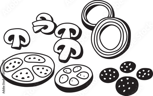 Assortment of Hand Drawn Pizza Toppings Mushrooms Onions and Salami Keywords: pizza, toppings