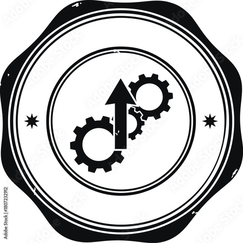 A black and white stamp with the words genuine authenticated and an arrow and gears inside it