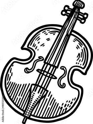 Classical cello illustration hand drawn musical instrument, black and white sketch, strings, detailed wood texture