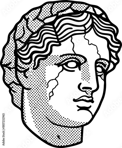 Ancient greek sculpture head with cracks classical marble art, vintage dot illustration, mythology inspired design